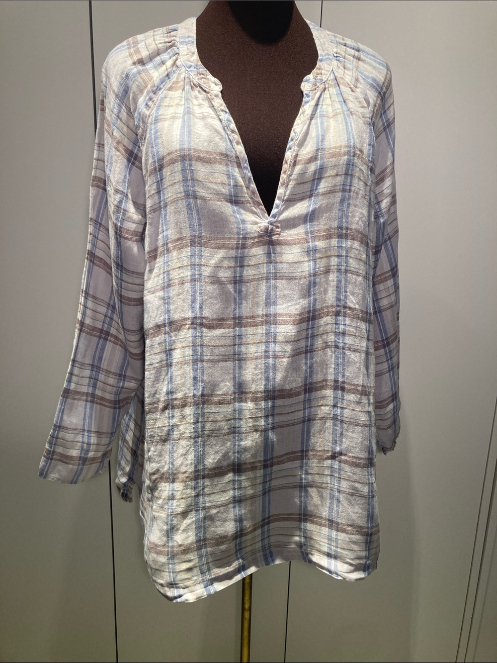 CP Shades linen Plaid lightweight Tunic M Light Blue & Brown
